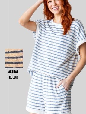 HEIMISH USA Jacquard Striped Top & Short SET in Cream/Blue 3X
